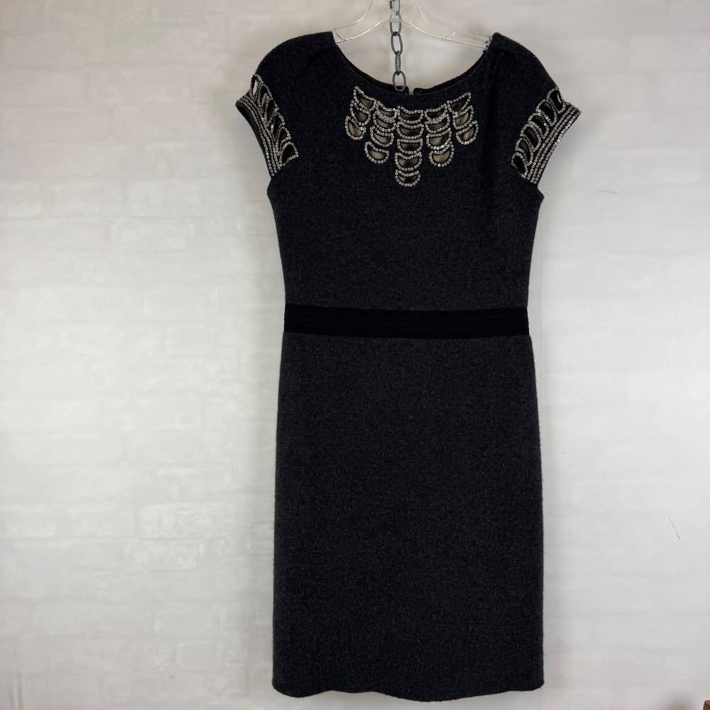 Tory Burch Gray Wool Blend Embellished Cap Sleeve Dress‎ Size M